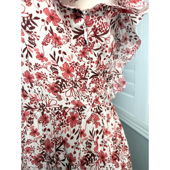 Amour Vert Women's Cottagecore  Mini Dress Silk Crimson & White Floral Sm - Picture 4 of 8